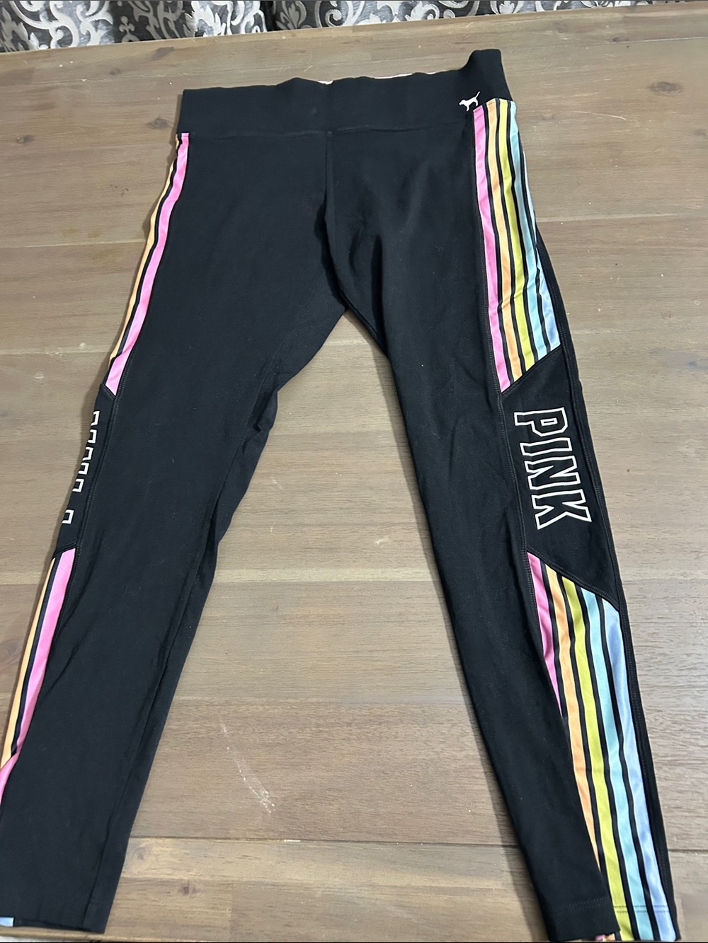 PINK Victoria's Secret Black Leggings with Rainbow Side Stripes